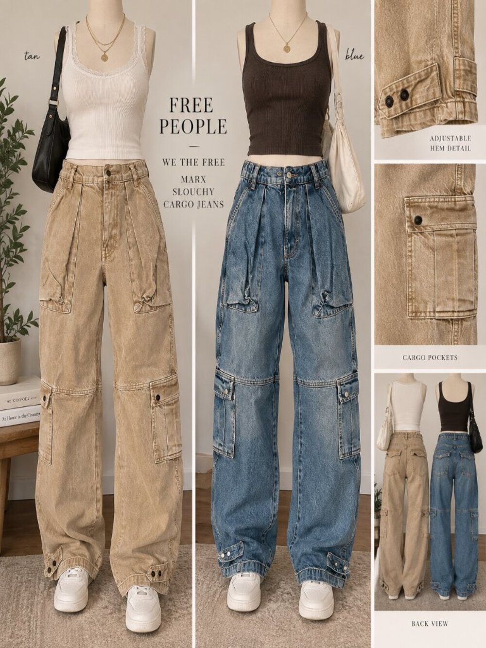Free People We The Free Marx Slouchy Cargo Jeans 25 Tan Blue 2 Pair Bundle